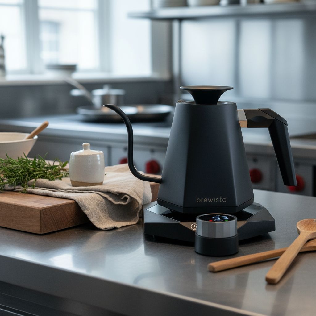 Black stainless steel electric gooseneck kettle with digital temperature display — view 5a