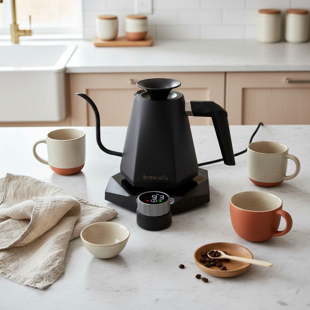 Black stainless steel electric gooseneck kettle with digital temperature display — view 7a