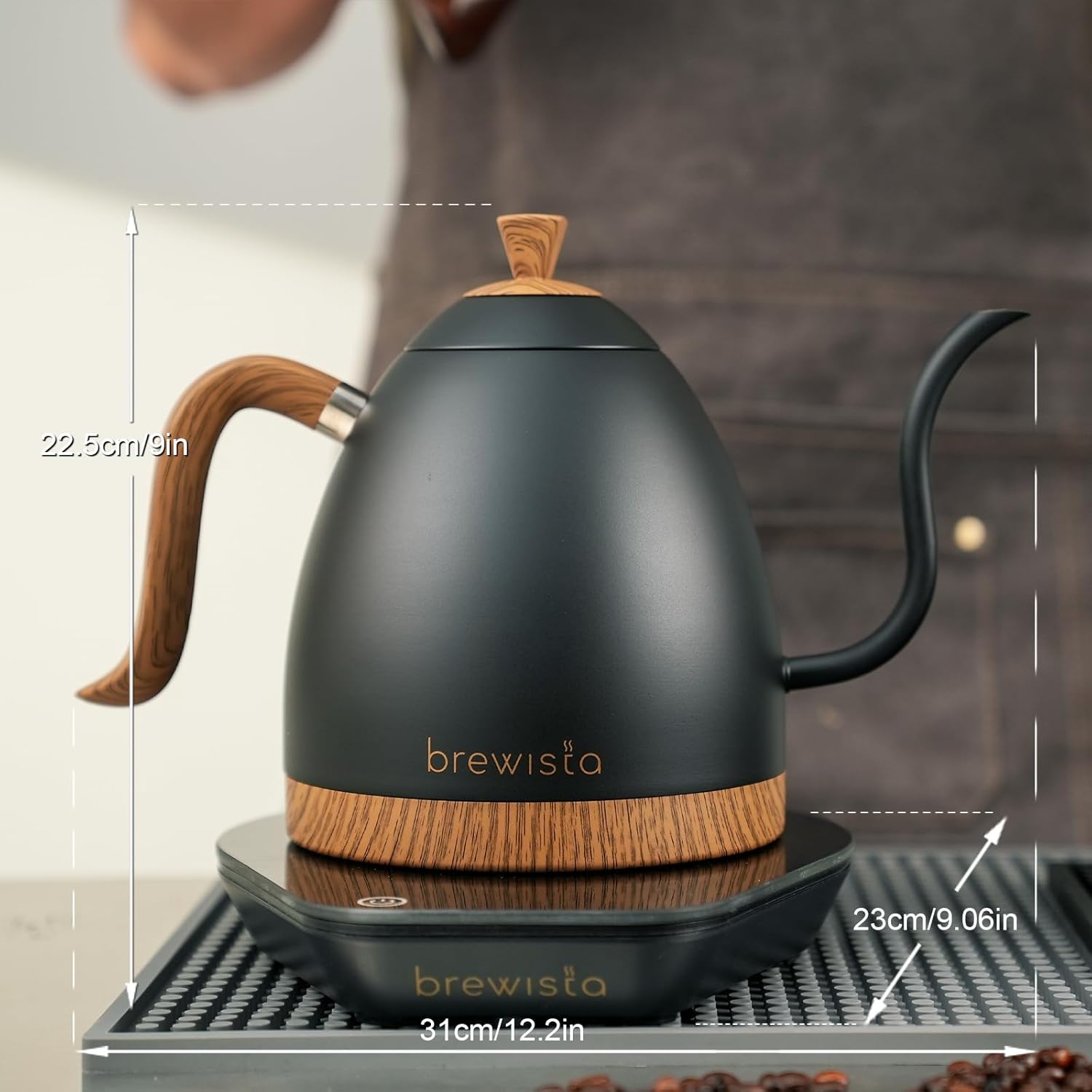 Matte black stainless steel electric gooseneck kettle with LCD temperature display panel — side