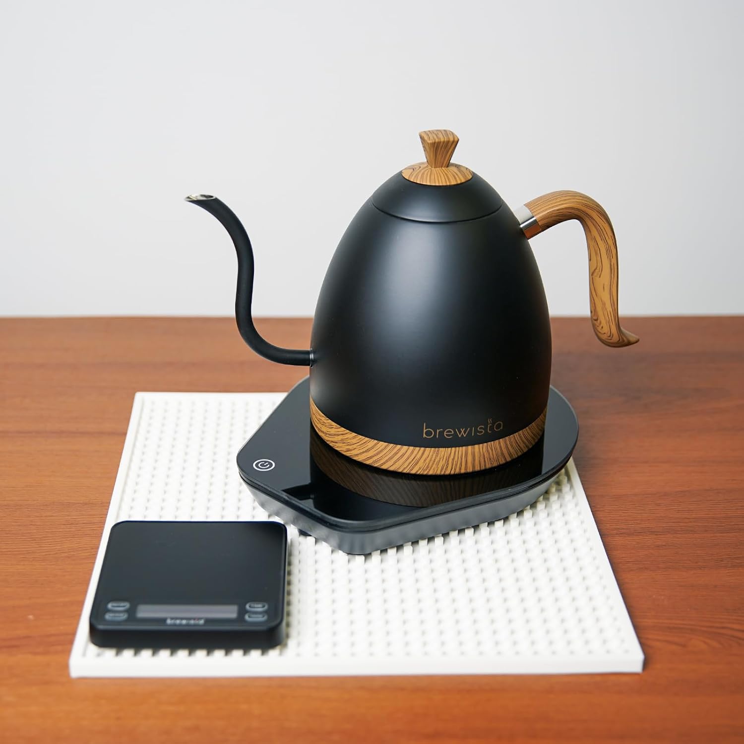 Matte black stainless steel electric gooseneck kettle with LCD temperature display panel — back