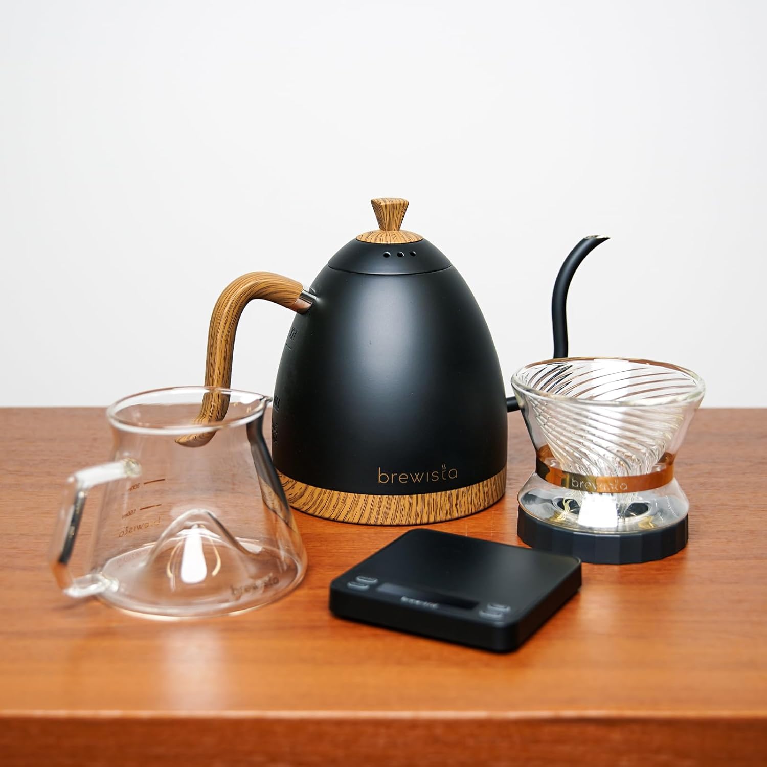 Matte black stainless steel electric gooseneck kettle with LCD temperature display panel — detail