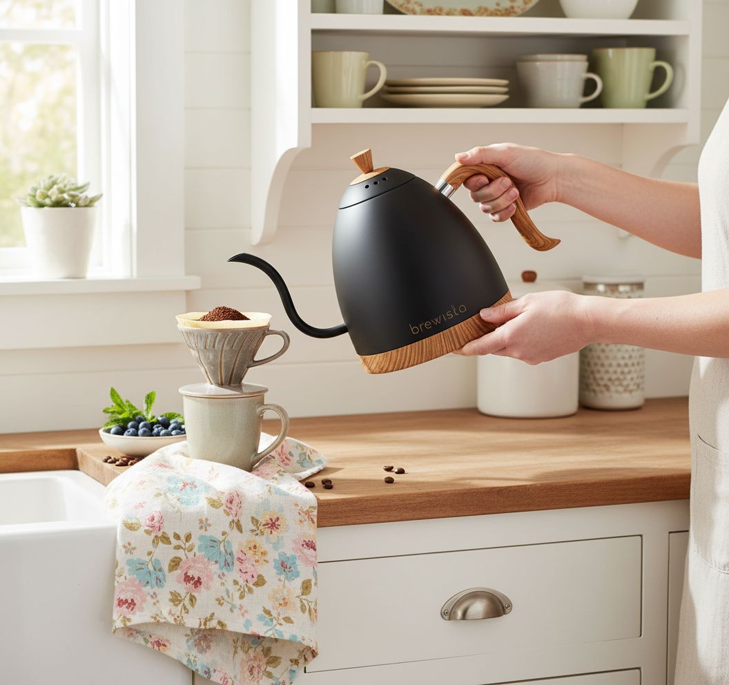 Matte black stainless steel electric gooseneck kettle with LCD temperature display panel — view 3b
