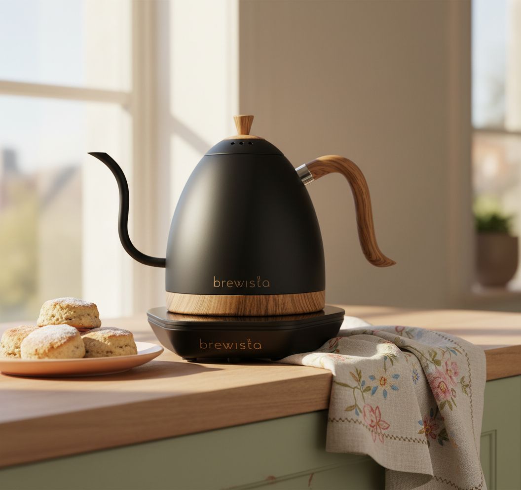 Matte black stainless steel electric gooseneck kettle with LCD temperature display panel — view 5b