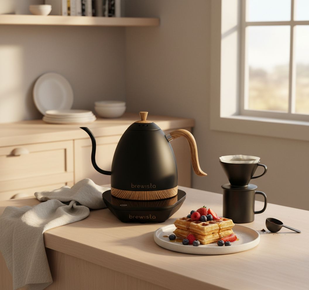 Matte black stainless steel electric gooseneck kettle with LCD temperature display panel — view 3a