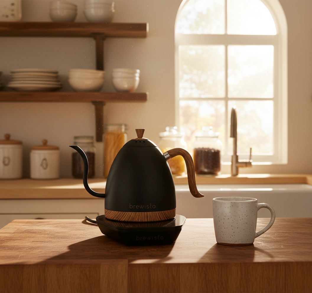 Matte black stainless steel electric gooseneck kettle with LCD temperature display panel — view 4