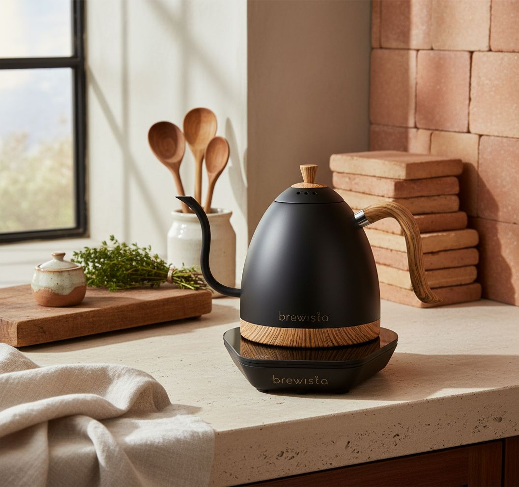 Matte black stainless steel electric gooseneck kettle with LCD temperature display panel — view 5a