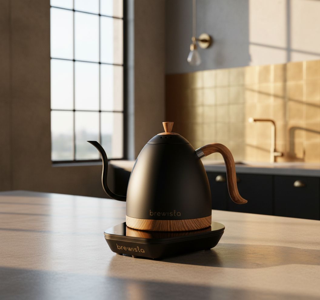 Matte black stainless steel electric gooseneck kettle with LCD temperature display panel — view 6