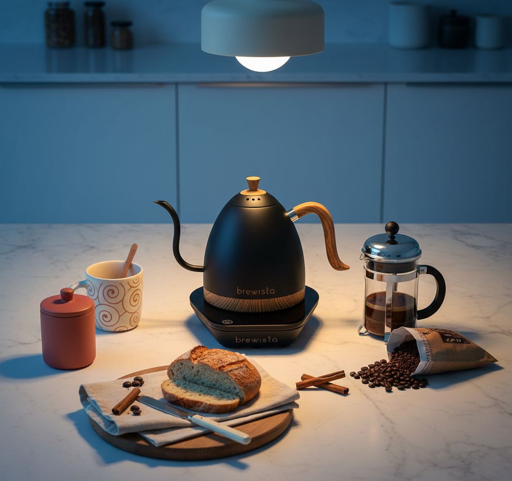 Matte black stainless steel electric gooseneck kettle with LCD temperature display panel — view 7a