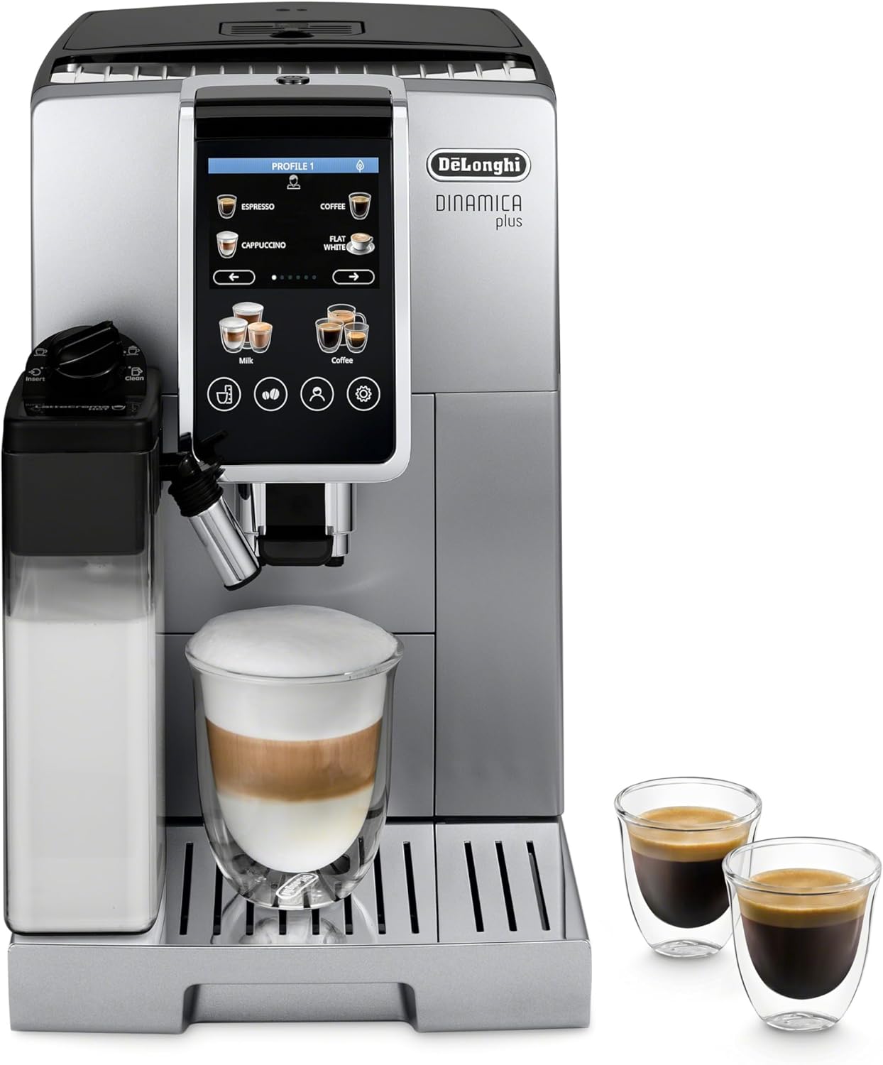 Stainless steel De'Longhi Dinamica Plus fully automatic espresso machine with integrated grinder and milk frother on countertop — front