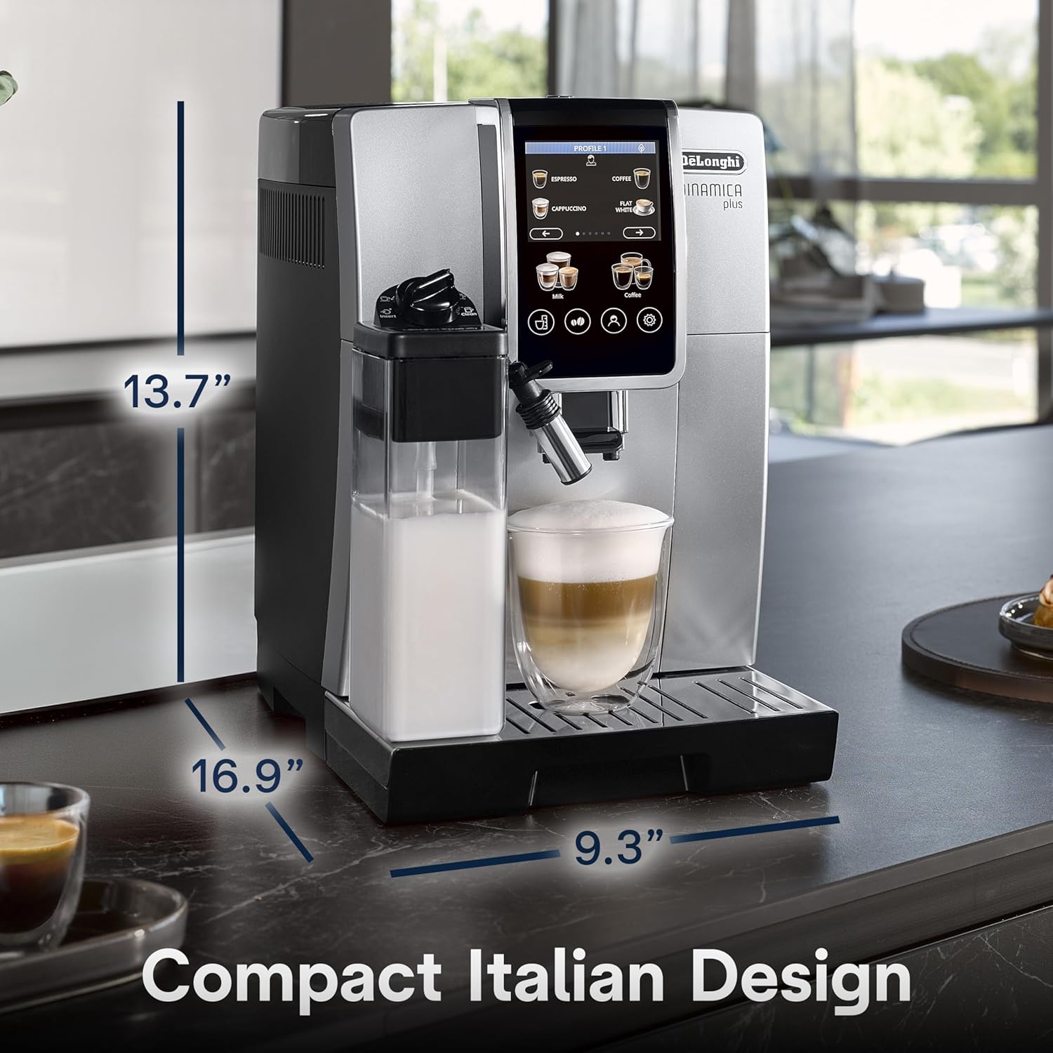 Stainless steel De'Longhi Dinamica Plus fully automatic espresso machine with integrated grinder and milk frother on countertop — back