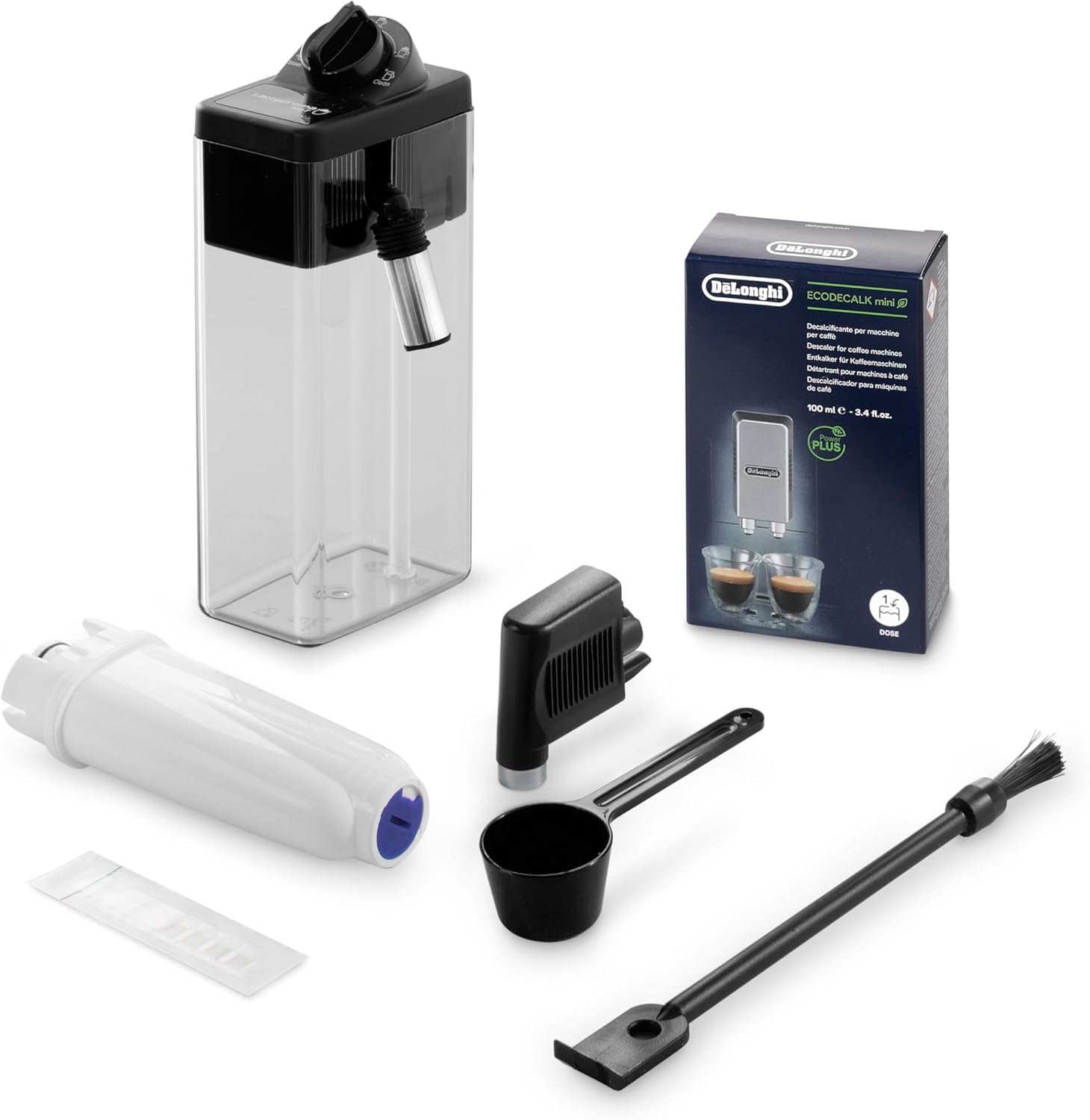 Stainless steel De'Longhi Dinamica Plus fully automatic espresso machine with integrated grinder and milk frother on countertop — view 4