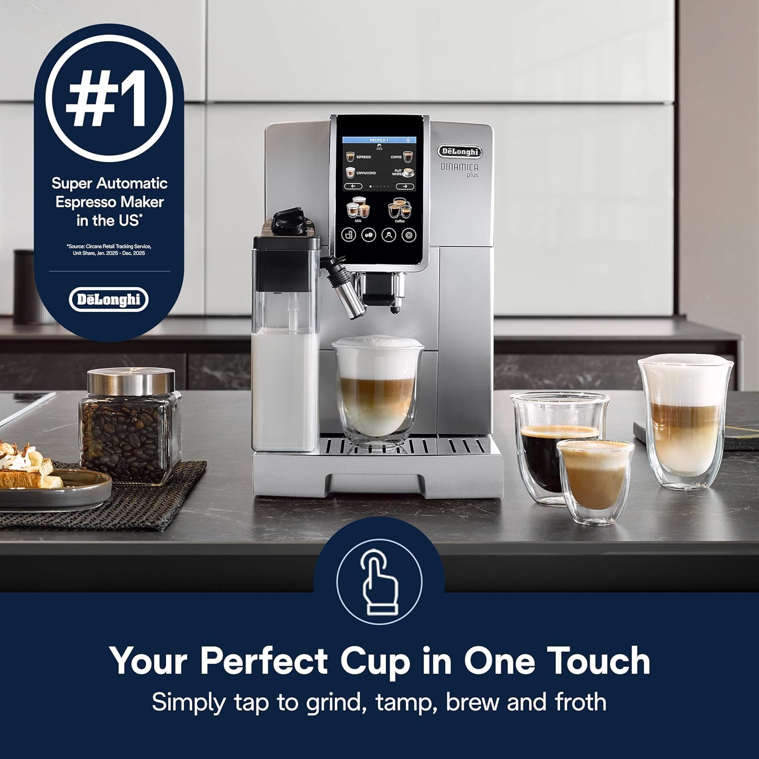 Stainless steel De'Longhi Dinamica Plus fully automatic espresso machine with integrated grinder and milk frother on countertop — view 5