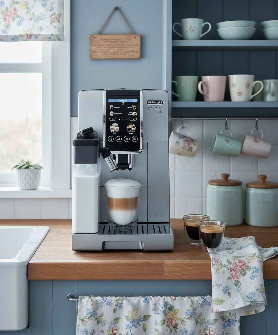 Stainless steel De'Longhi Dinamica Plus fully automatic espresso machine with integrated grinder and milk frother on countertop — view 1