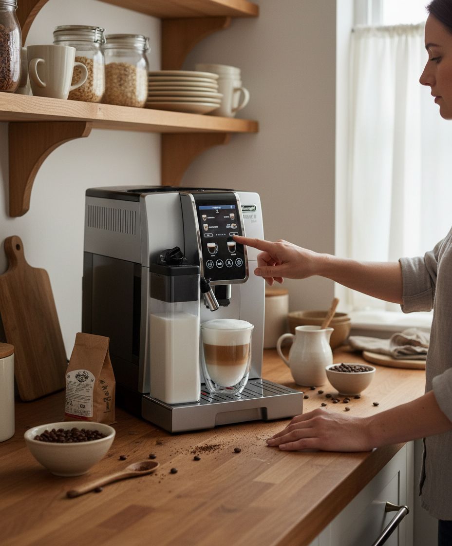 Stainless steel De'Longhi Dinamica Plus fully automatic espresso machine with integrated grinder and milk frother on countertop — view 3b