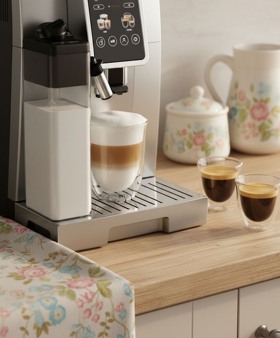 Stainless steel De'Longhi Dinamica Plus fully automatic espresso machine with integrated grinder and milk frother on countertop — view 5b