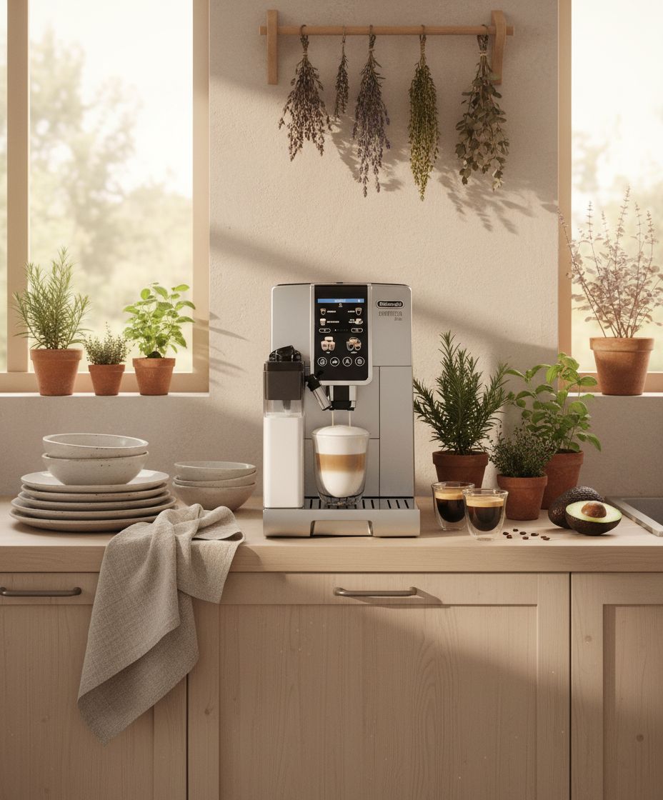 Stainless steel De'Longhi Dinamica Plus fully automatic espresso machine with integrated grinder and milk frother on countertop — view 7b