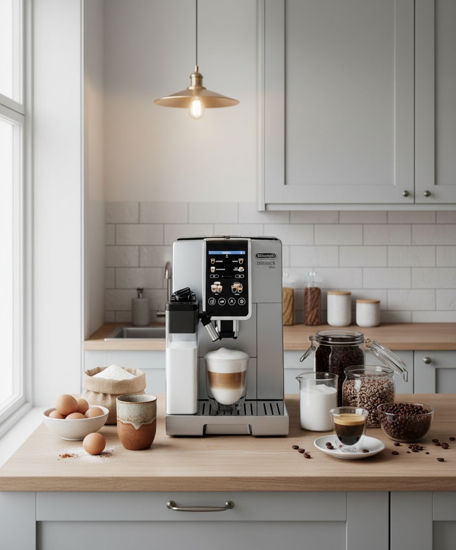Stainless steel De'Longhi Dinamica Plus fully automatic espresso machine with integrated grinder and milk frother on countertop — view 2