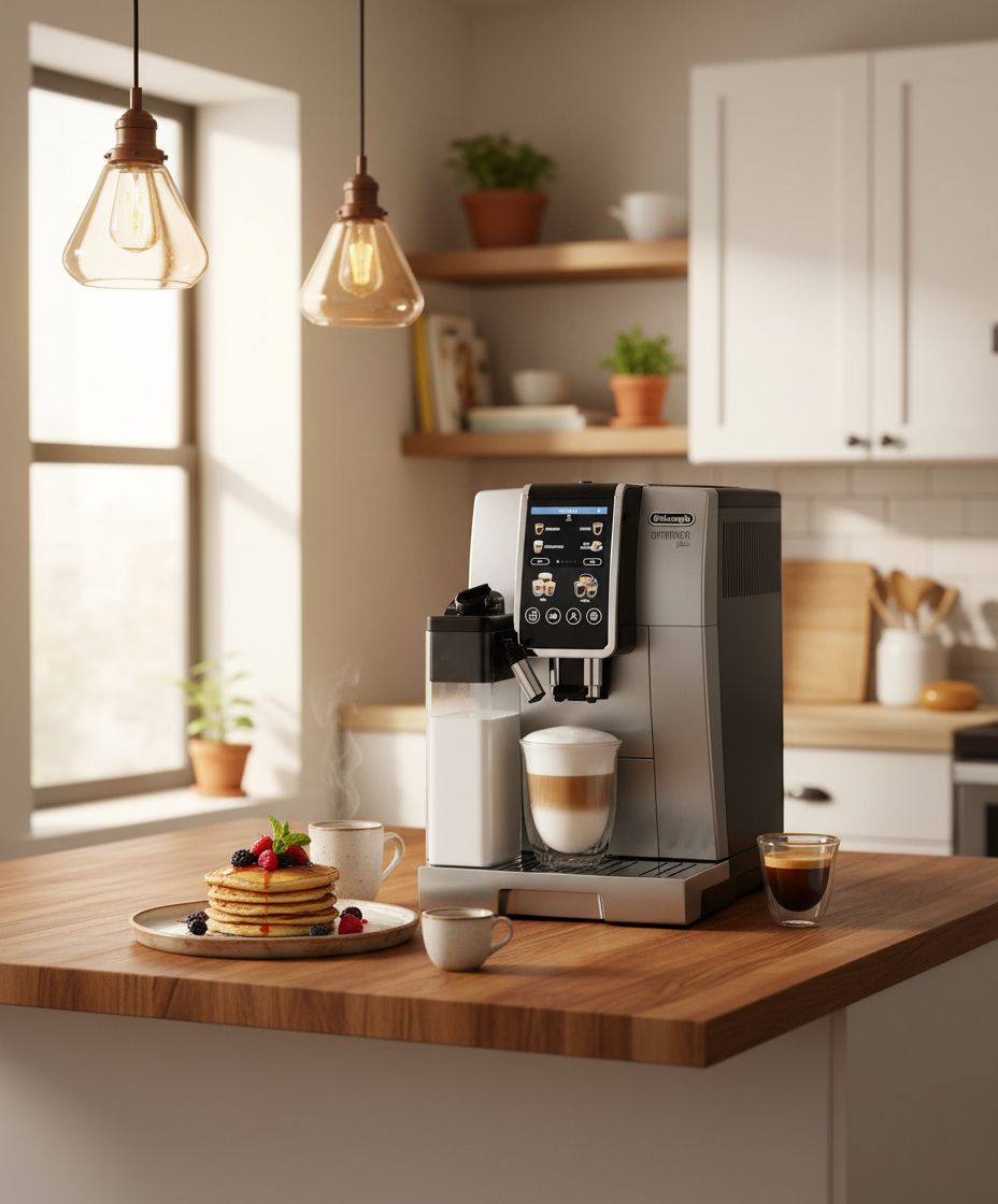 Stainless steel De'Longhi Dinamica Plus fully automatic espresso machine with integrated grinder and milk frother on countertop — view 3a