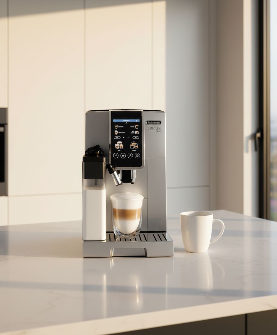 Stainless steel De'Longhi Dinamica Plus fully automatic espresso machine with integrated grinder and milk frother on countertop — view 4
