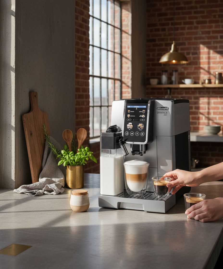 Stainless steel De'Longhi Dinamica Plus fully automatic espresso machine with integrated grinder and milk frother on countertop — view 5a