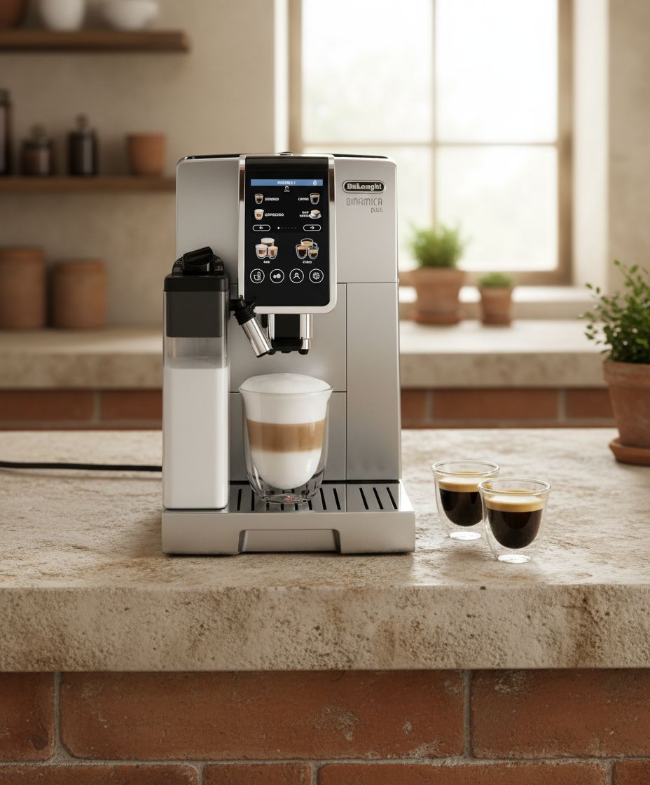 Stainless steel De'Longhi Dinamica Plus fully automatic espresso machine with integrated grinder and milk frother on countertop — view 6