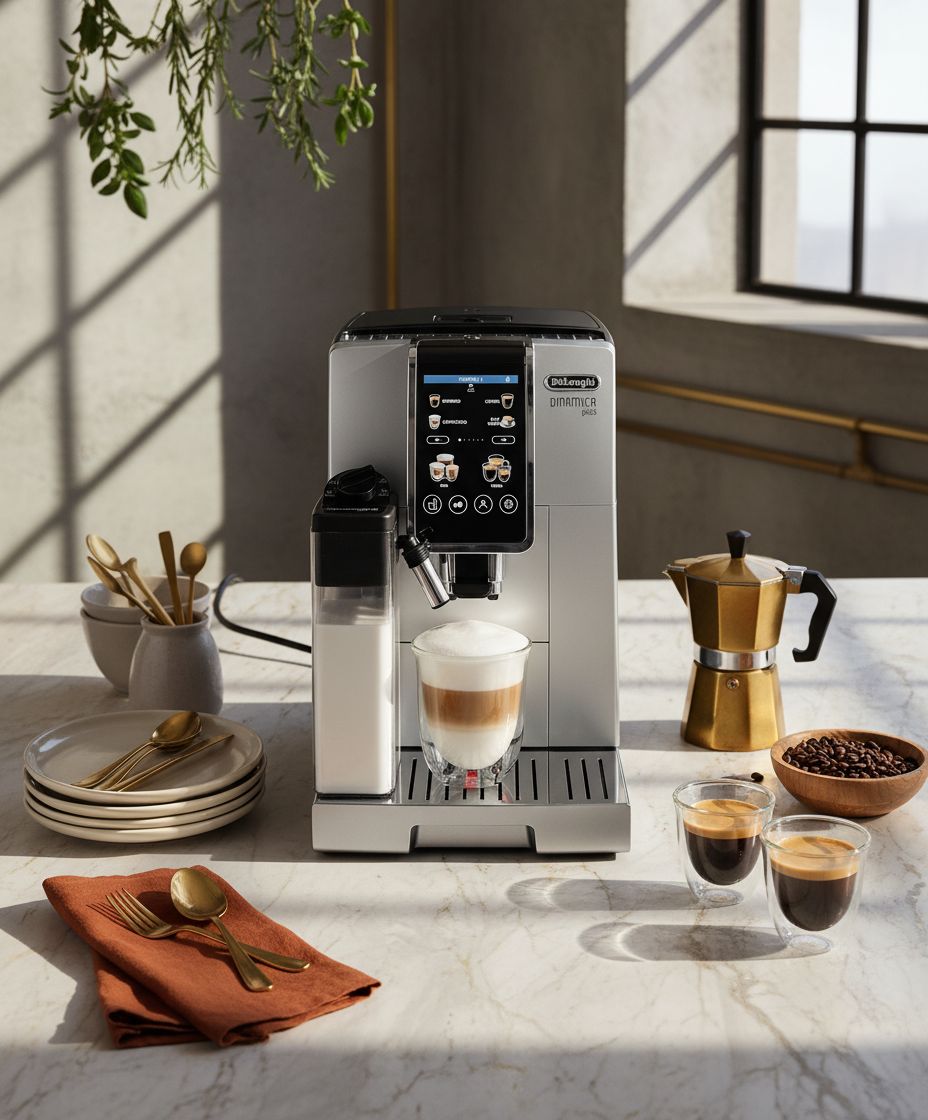 Stainless steel De'Longhi Dinamica Plus fully automatic espresso machine with integrated grinder and milk frother on countertop — view 7a