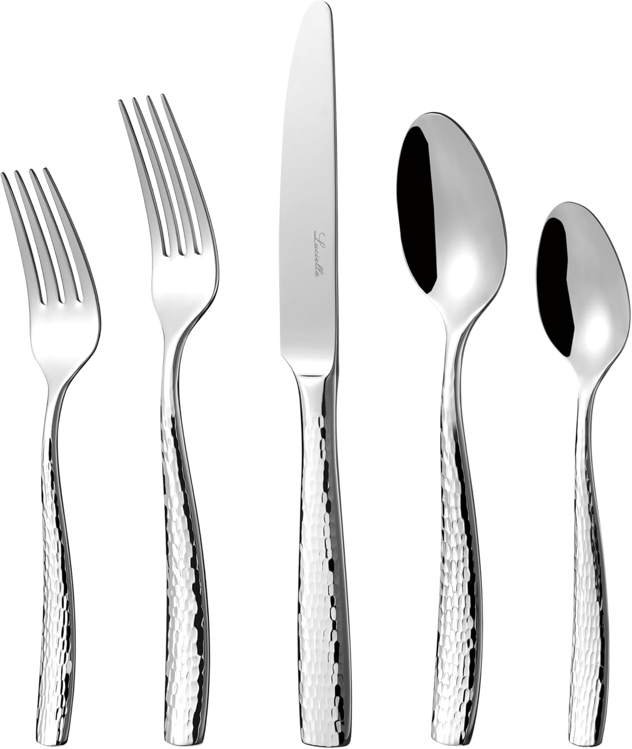 45-piece stainless steel flatware set with hammered finish, mirror polished silver utensils for 8 place settings — view 1