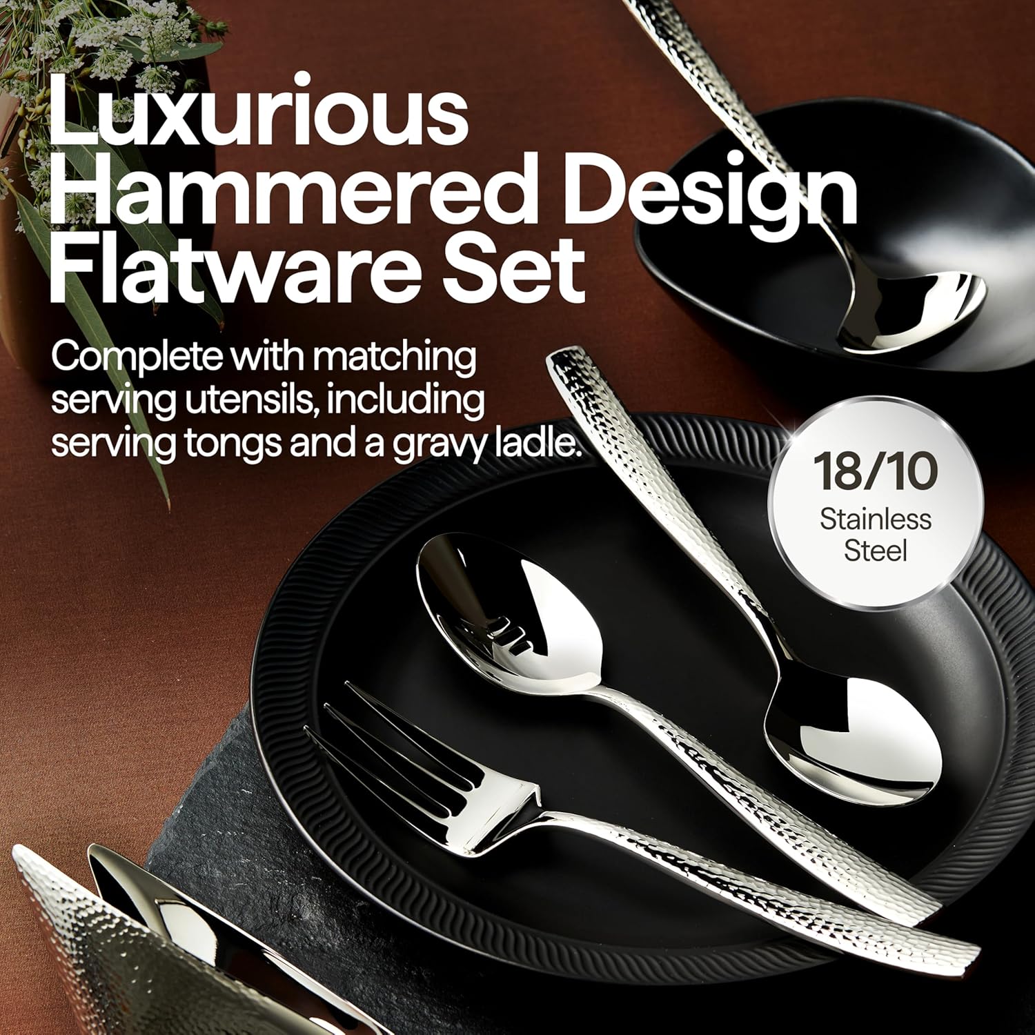 45-piece stainless steel flatware set with hammered finish, mirror polished silver utensils for 8 place settings — view 2