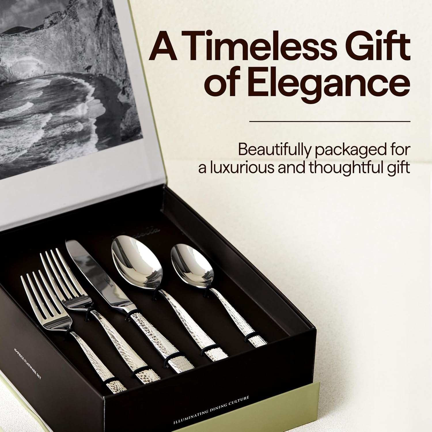 45-piece stainless steel flatware set with hammered finish, mirror polished silver utensils for 8 place settings — view 3