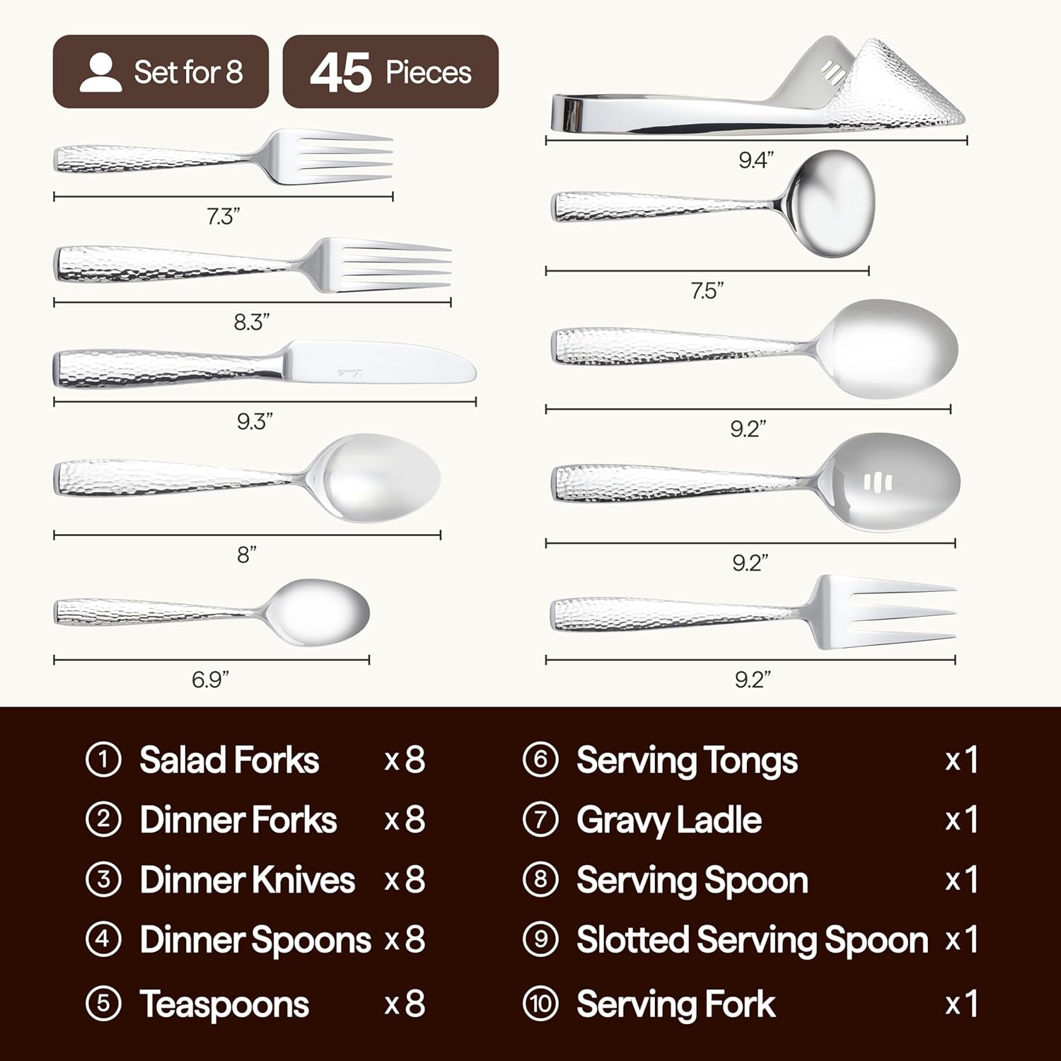 45-piece stainless steel flatware set with hammered finish, mirror polished silver utensils for 8 place settings — view 4