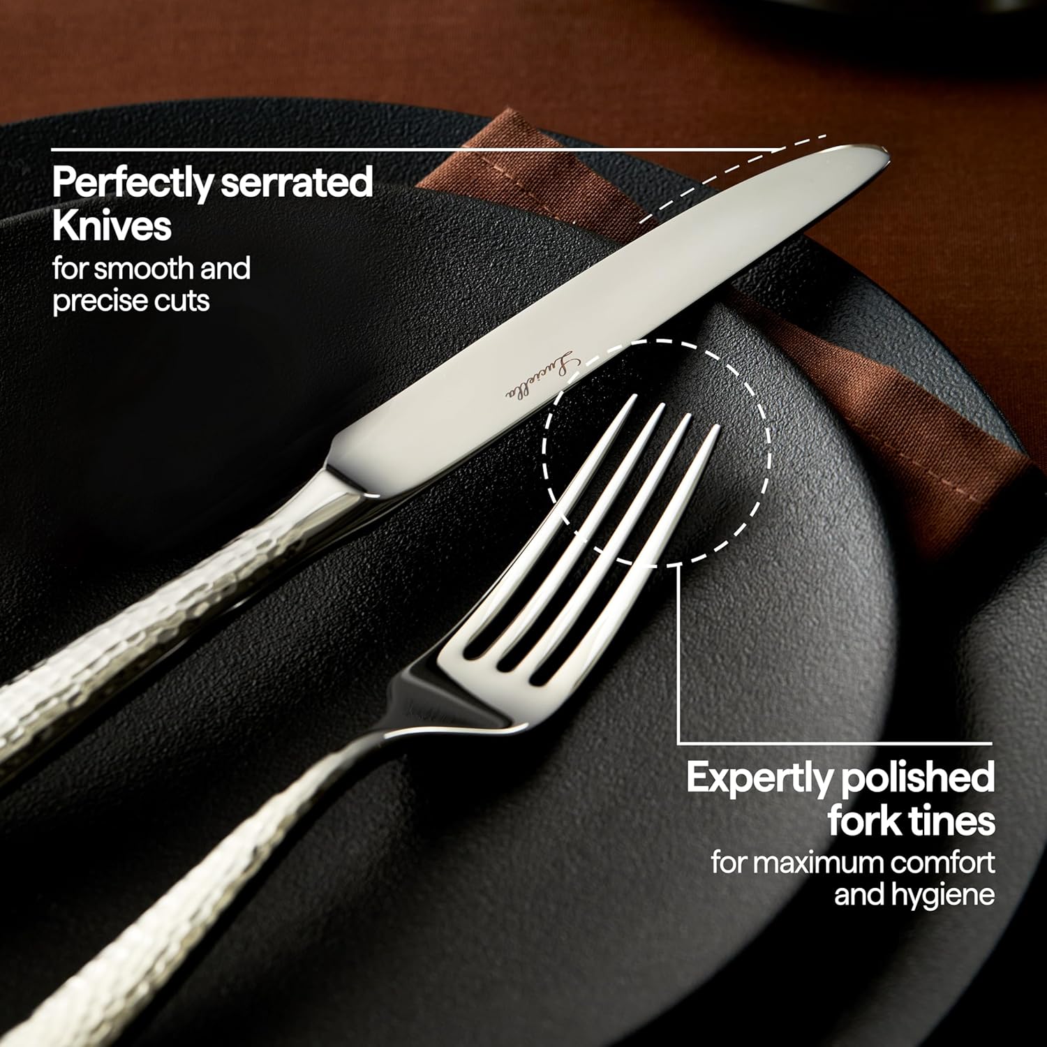 45-piece stainless steel flatware set with hammered finish, mirror polished silver utensils for 8 place settings — view 3