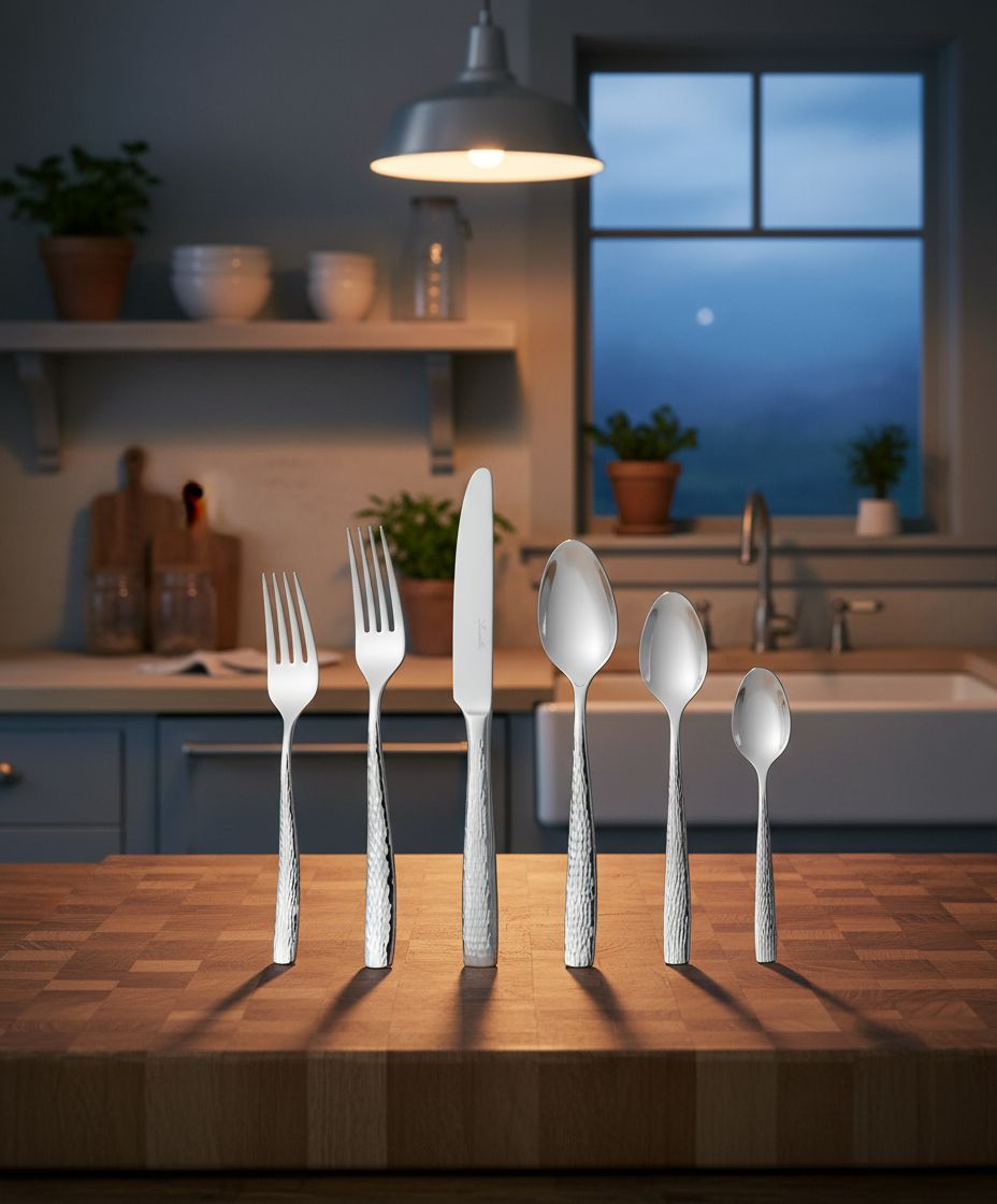 45-piece stainless steel flatware set with hammered finish, mirror polished silver utensils for 8 place settings — view 1