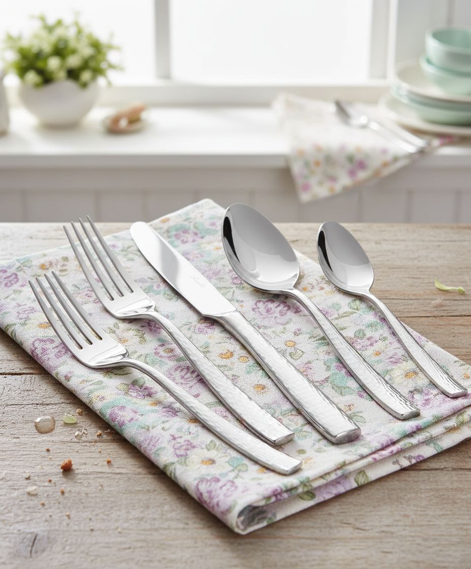 45-piece stainless steel flatware set with hammered finish, mirror polished silver utensils for 8 place settings — view 5b