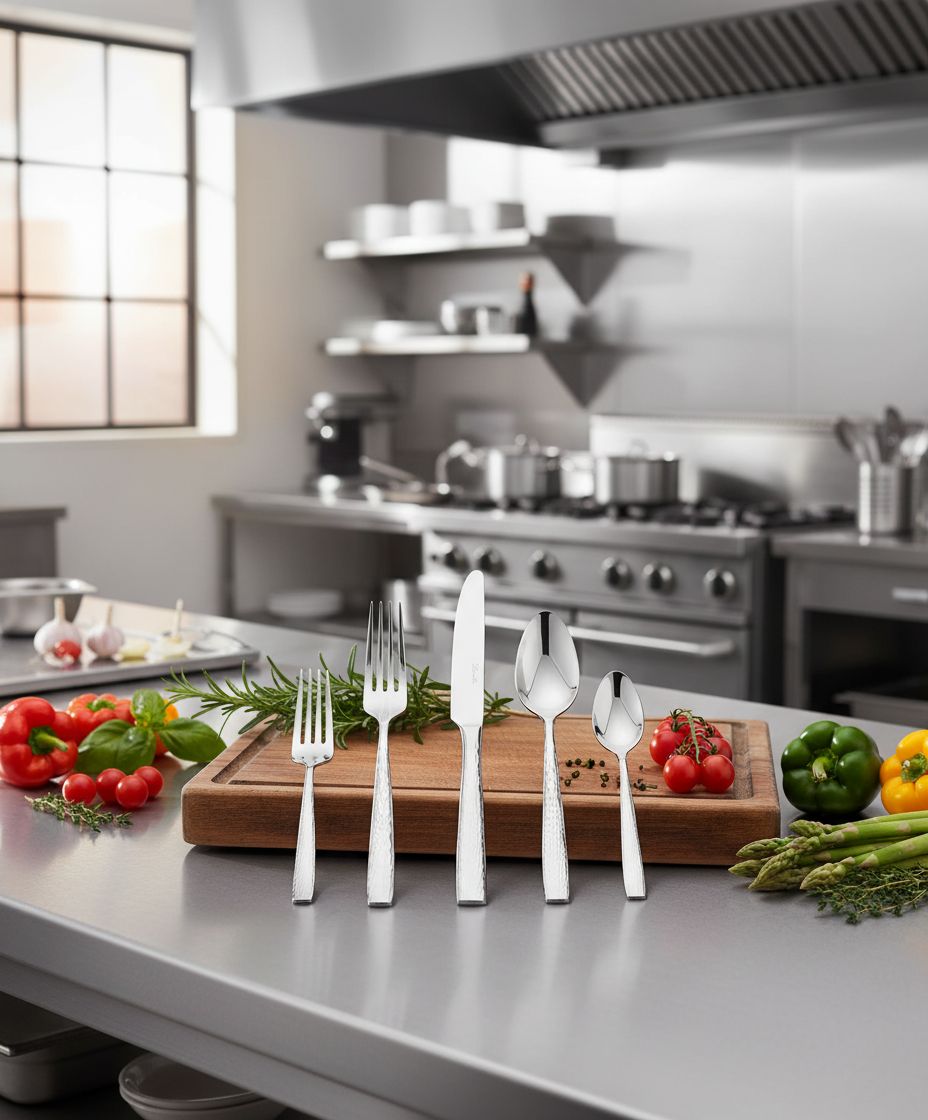45-piece stainless steel flatware set with hammered finish, mirror polished silver utensils for 8 place settings — view 7b