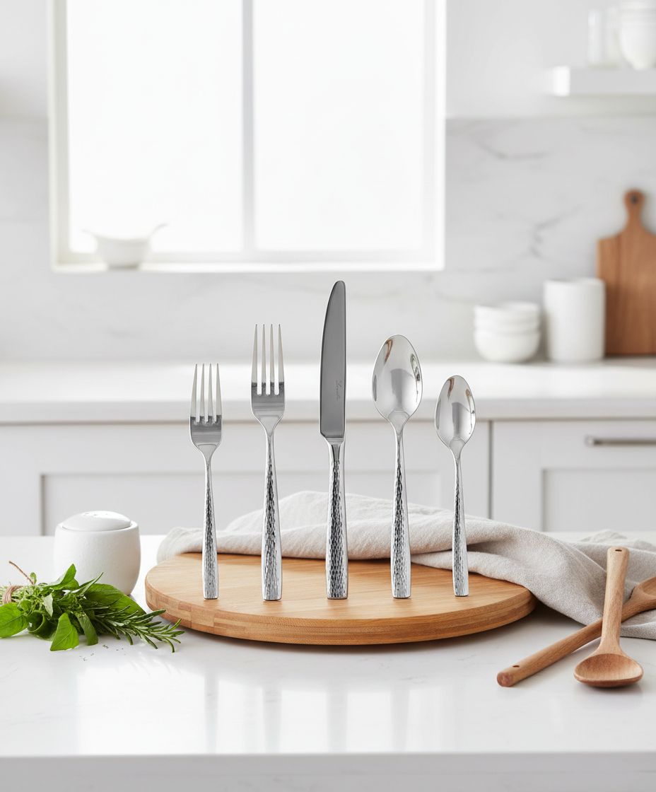45-piece stainless steel flatware set with hammered finish, mirror polished silver utensils for 8 place settings — view 5a