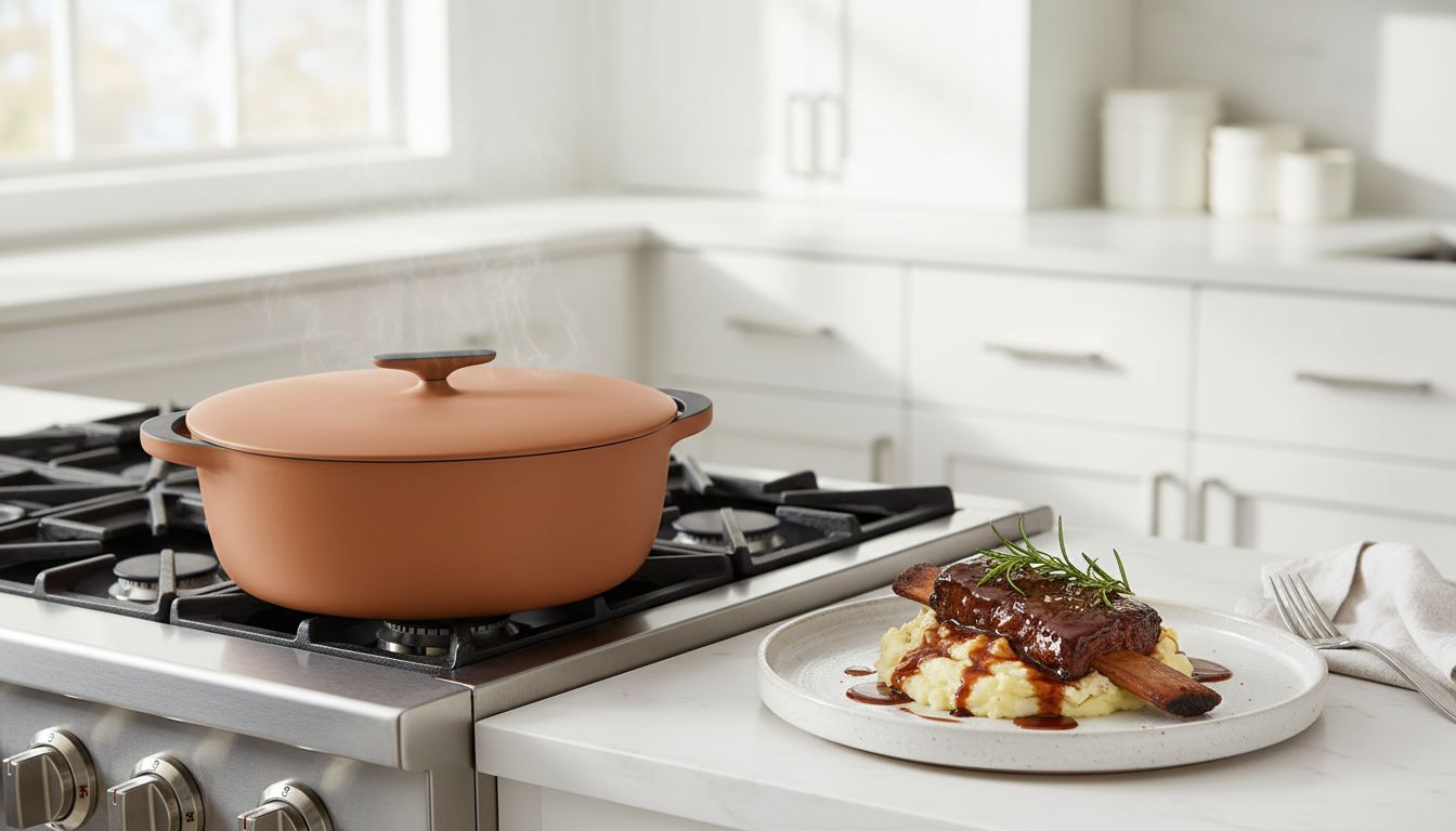 Caraway enameled cast iron Dutch oven in cream with lid, 8-quart capacity — view 3a