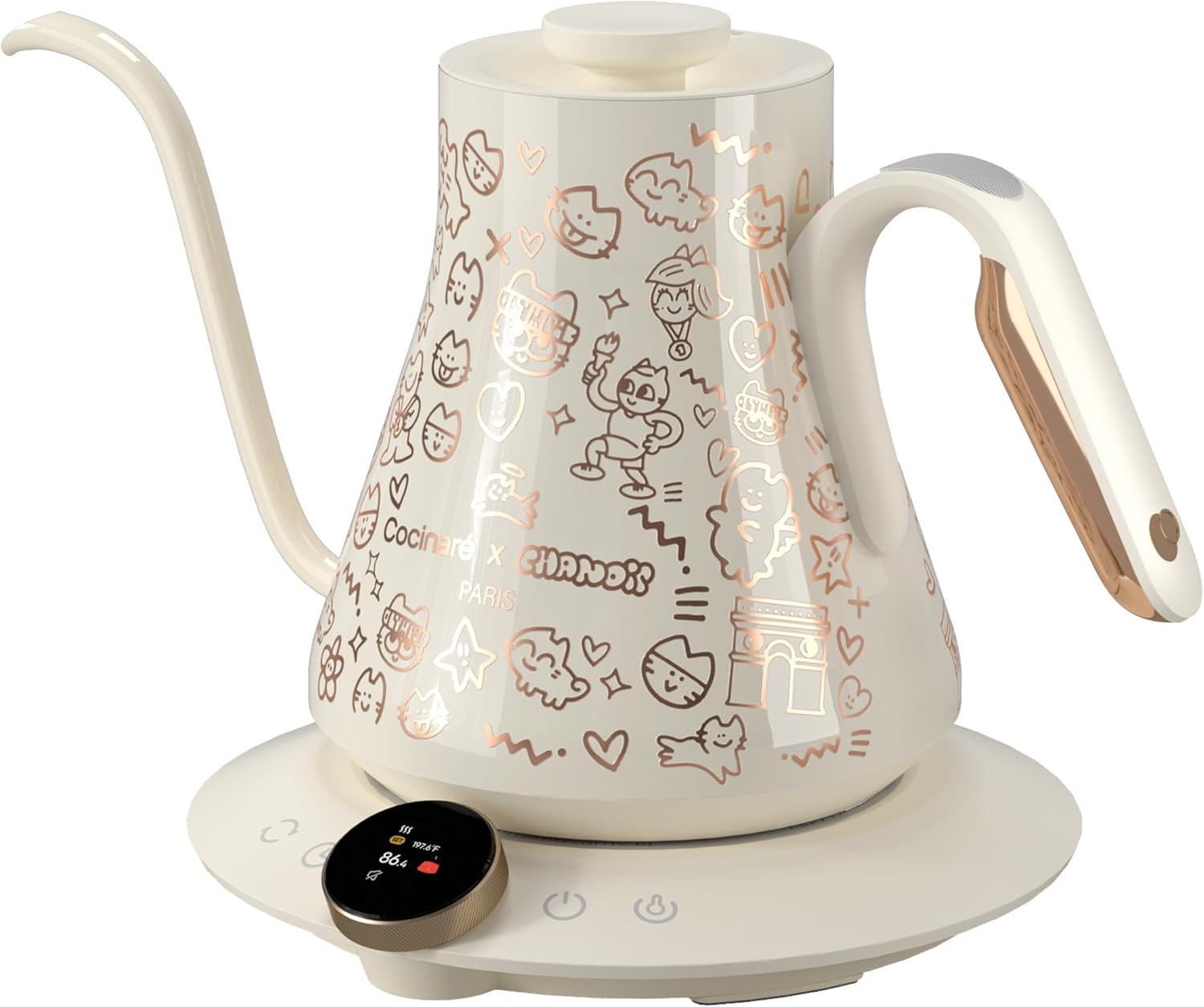 Stainless steel gooseneck electric kettle with precision temperature display, white design — view 1