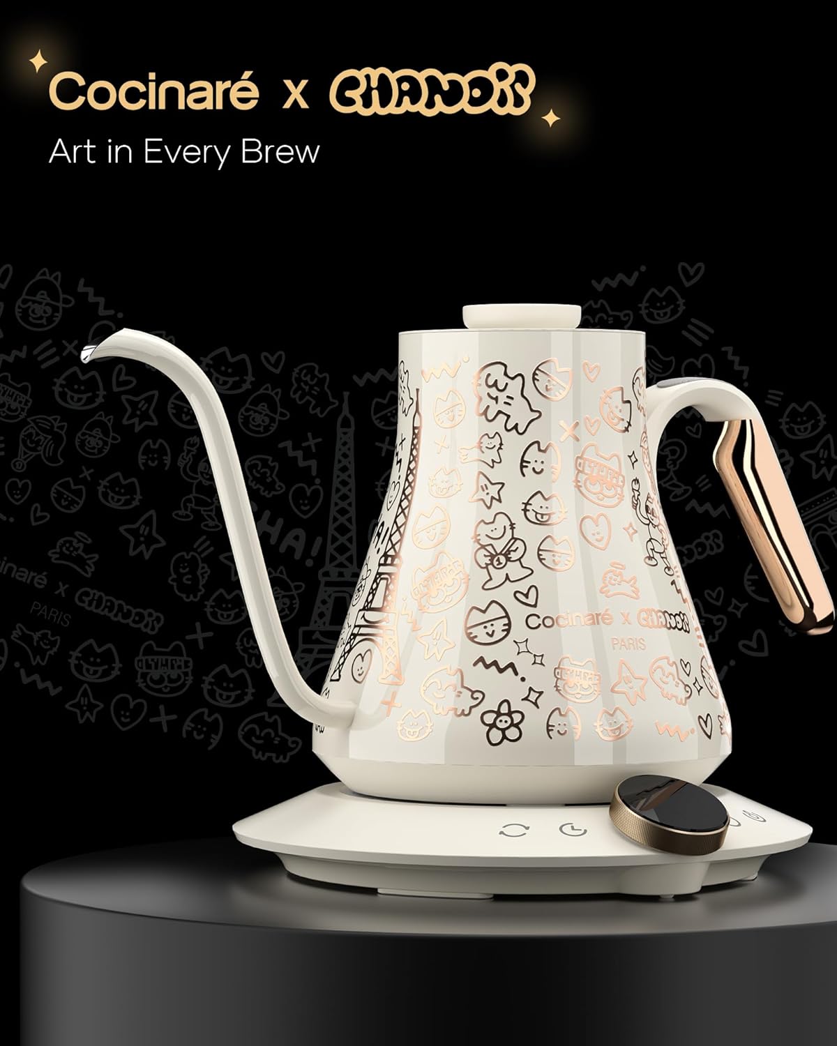 Stainless steel gooseneck electric kettle with precision temperature display, white design — view 3