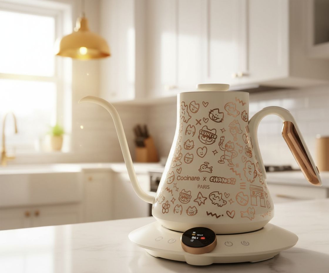 Stainless steel gooseneck electric kettle with precision temperature display, white design — view 5b