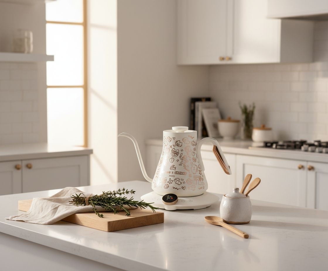 Stainless steel gooseneck electric kettle with precision temperature display, white design — view 5a