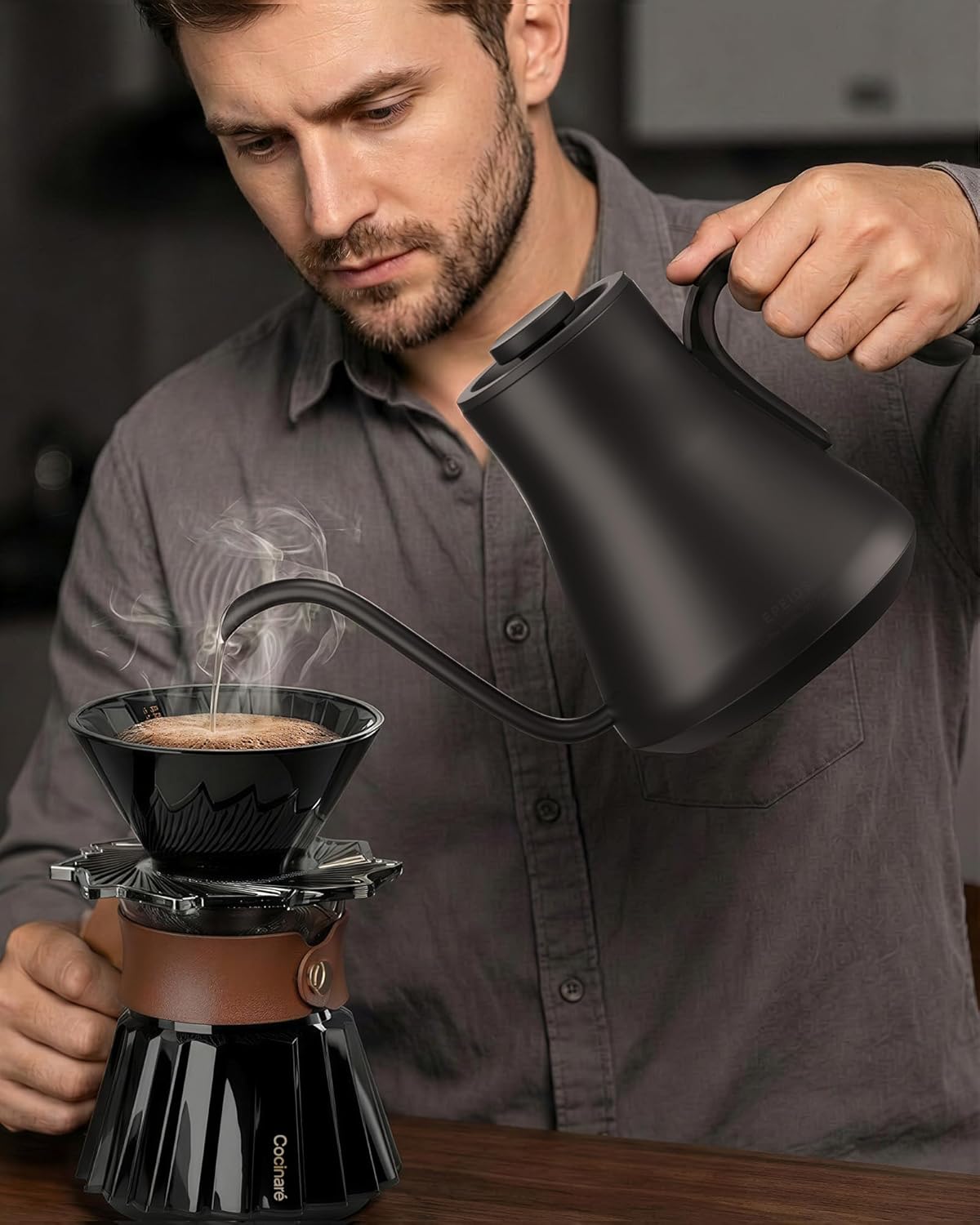 Stainless steel gooseneck electric kettle in Delacroix green with temperature display and ergonomic handle — view 2