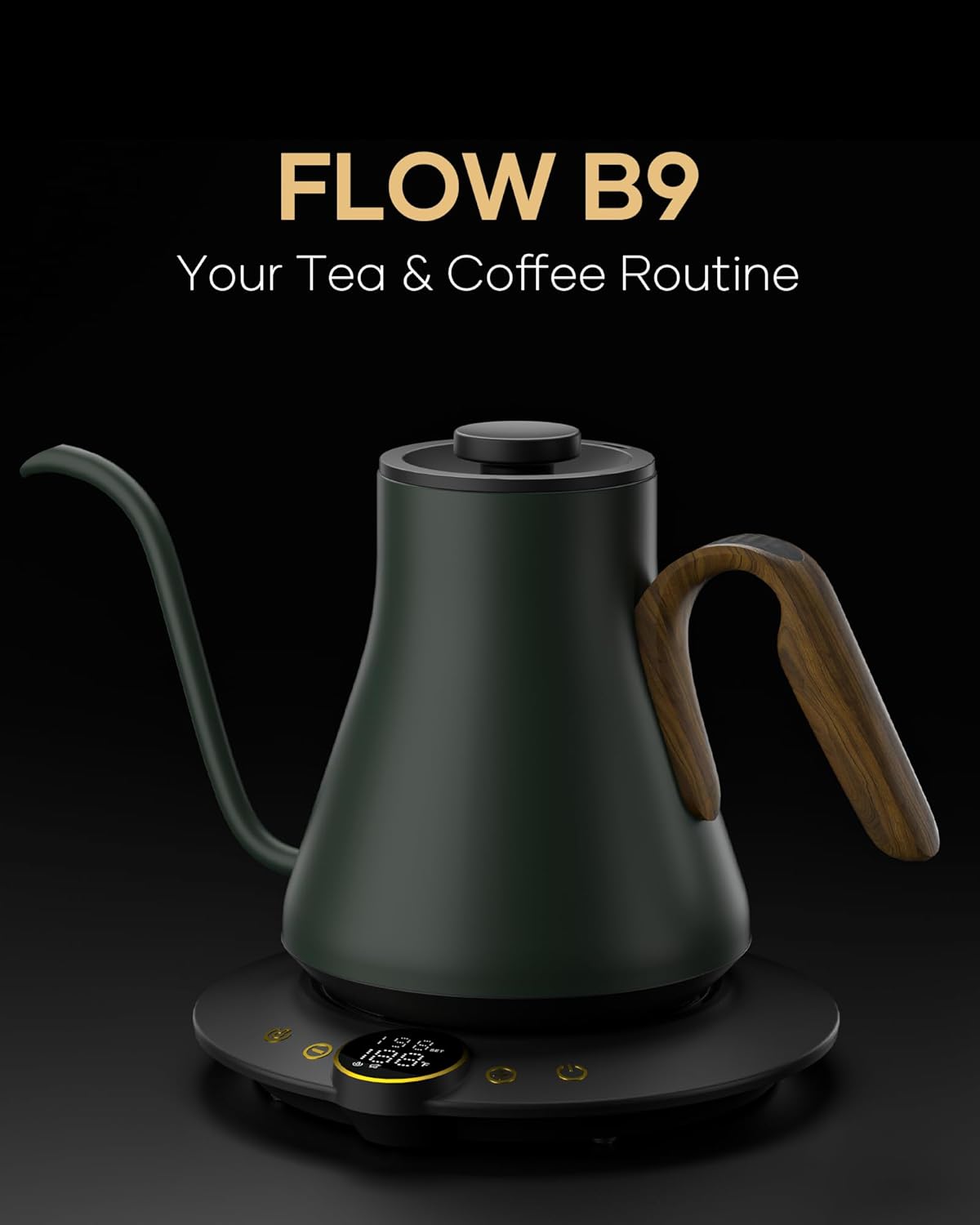 Stainless steel gooseneck electric kettle in Delacroix green with temperature display and ergonomic handle — view 3
