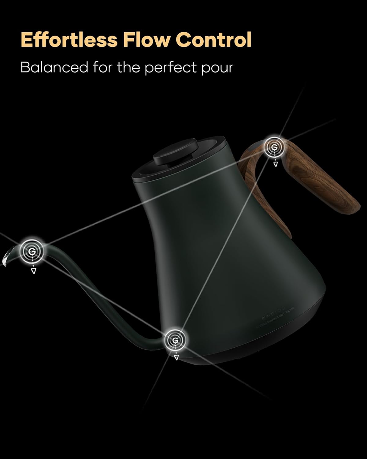 Stainless steel gooseneck electric kettle in Delacroix green with temperature display and ergonomic handle — view 4