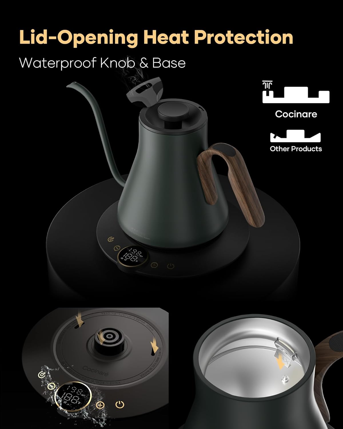Stainless steel gooseneck electric kettle in Delacroix green with temperature display and ergonomic handle — view 5