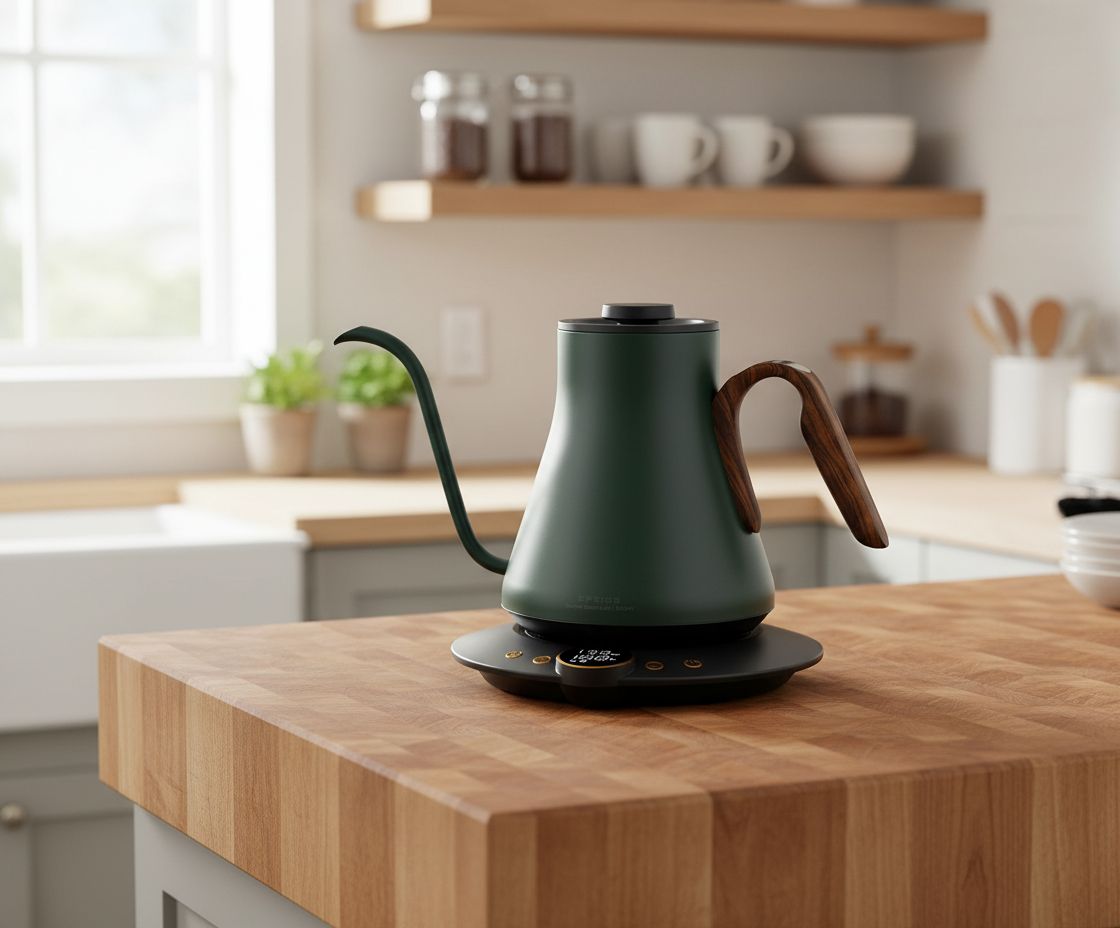 Stainless steel gooseneck electric kettle in Delacroix green with temperature display and ergonomic handle — view 3b