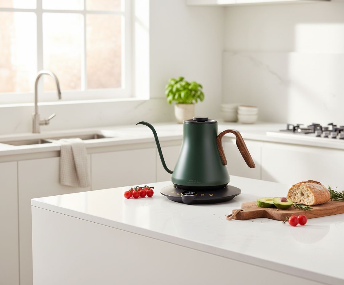 Stainless steel gooseneck electric kettle in Delacroix green with temperature display and ergonomic handle — view 5b