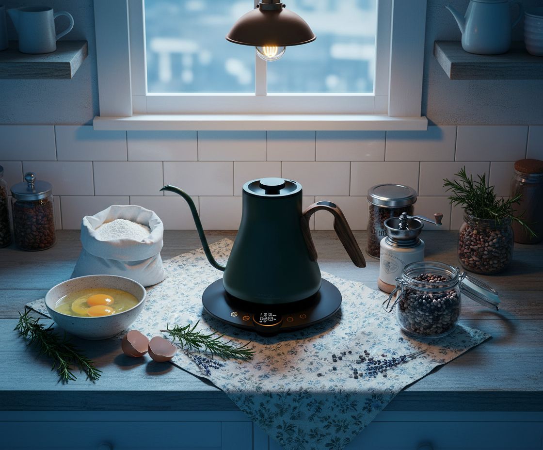 Stainless steel gooseneck electric kettle in Delacroix green with temperature display and ergonomic handle — view 7b