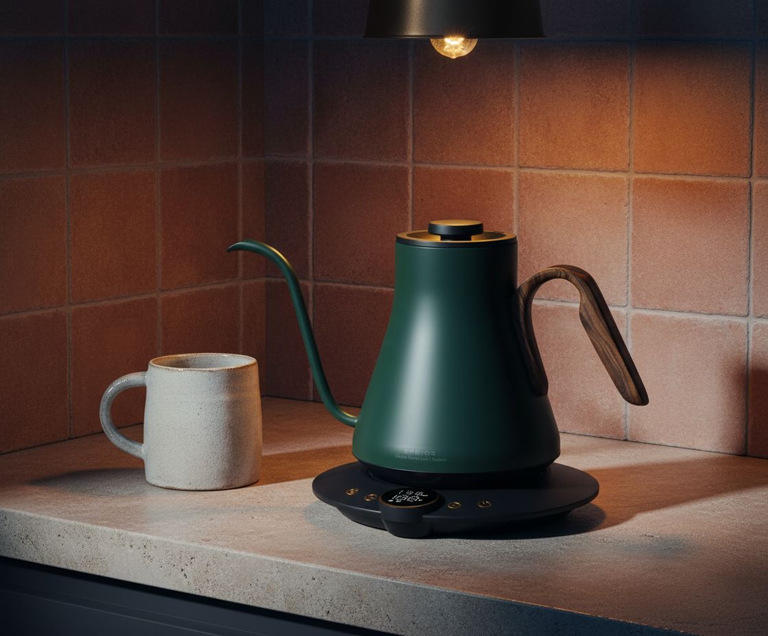 Stainless steel gooseneck electric kettle in Delacroix green with temperature display and ergonomic handle — view 3a