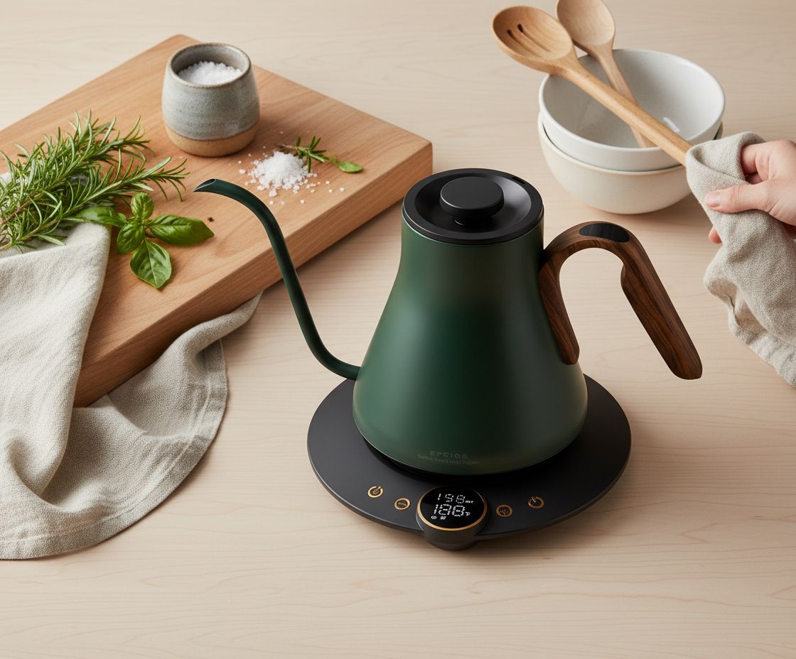 Stainless steel gooseneck electric kettle in Delacroix green with temperature display and ergonomic handle — view 4