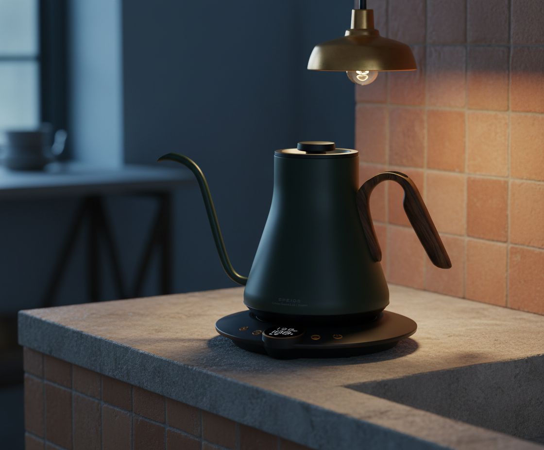 Stainless steel gooseneck electric kettle in Delacroix green with temperature display and ergonomic handle — view 5a